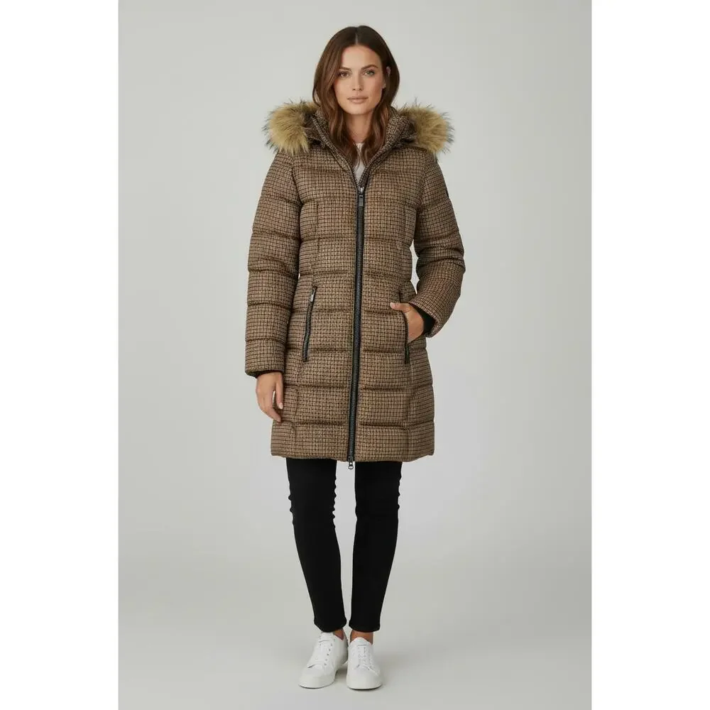 C-RO‎ Denmark Houndstooth 2-Way Stretch Puffer Coat with Faux Fur Hood Size 4
